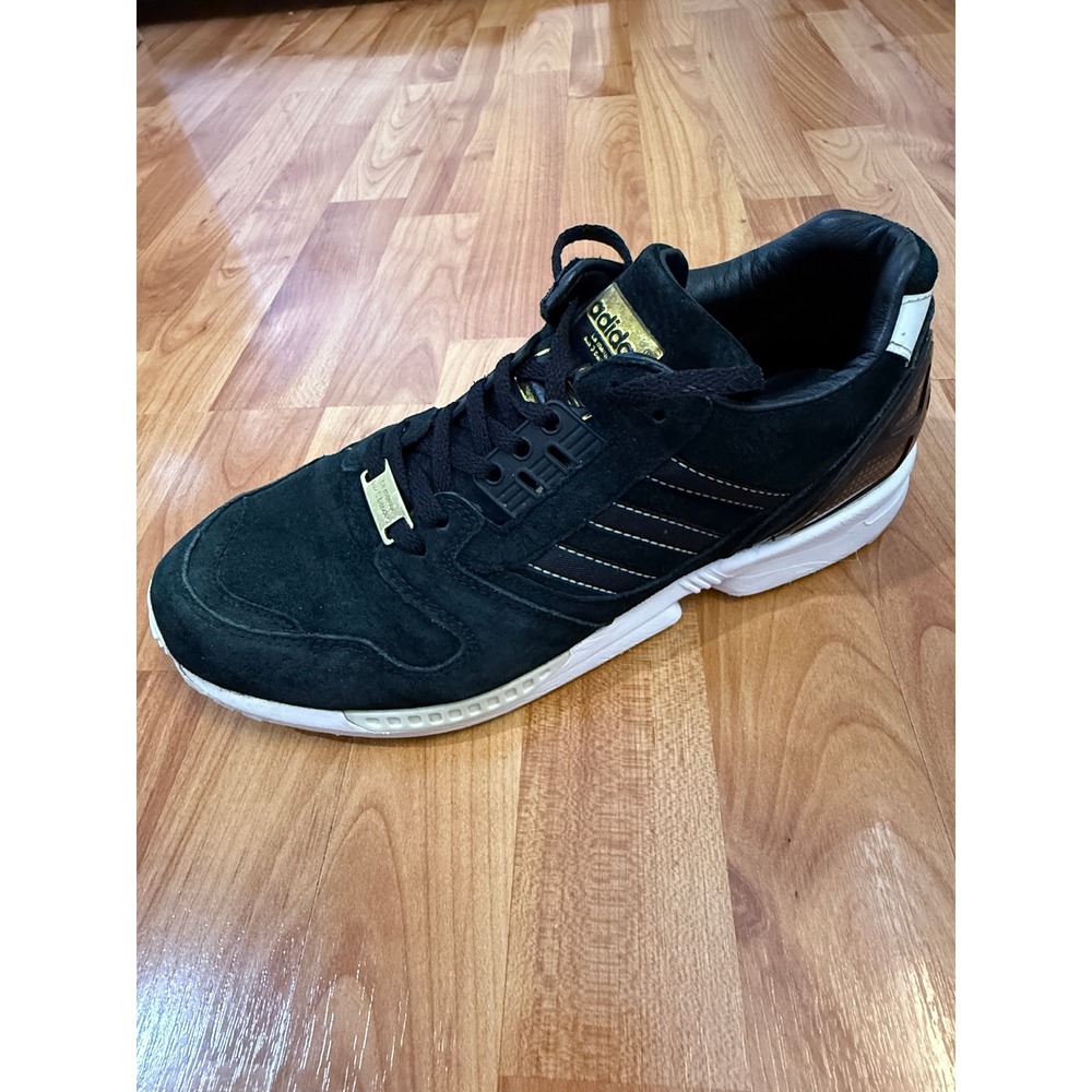 Adidas La Marque Aux 3 Bandes Mens Black Suede Gold Accent Sneakers ~‎ Sanitized